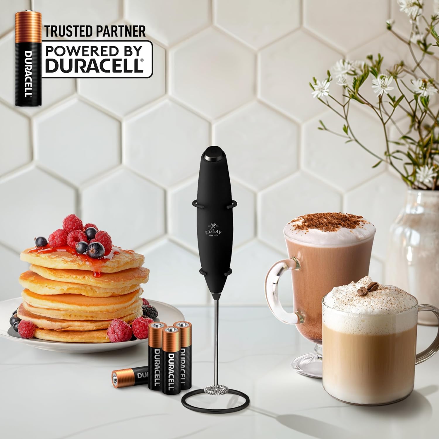 Zulay Kitchen Milk Frother Wand - Ultra-Fast Handheld Electric Whisk for Coffee & Lattes - Executive Black with 4 AA Batteries