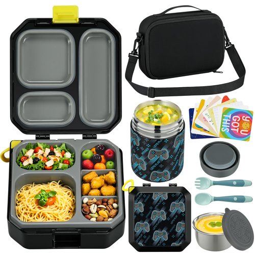 Itslife Bento Lunch Box Set for Kids with 12oz Soup Thermo&Lunch Bag, Leak-Proof Lunch Food Containers for Kids School, 5 Compartment, Sauce Cup, 10 Notes (Gaming Black)
