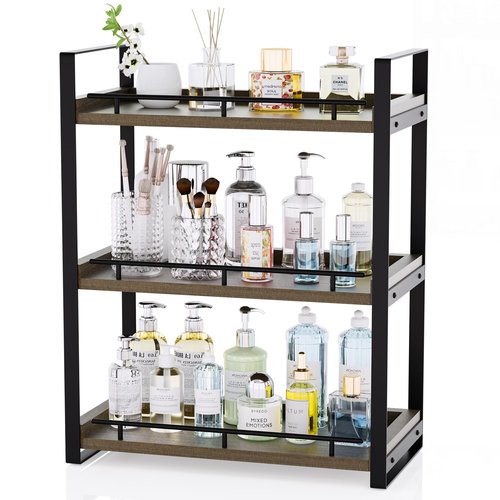 CeleVista Bathroom Counter Organizer, 3 Tier Wood Countertop Shelf for Vanity, Skincare, Makeup, Kitchen Coffee and Sink Storage, with Durable Metal Bracket (Dark Brown)