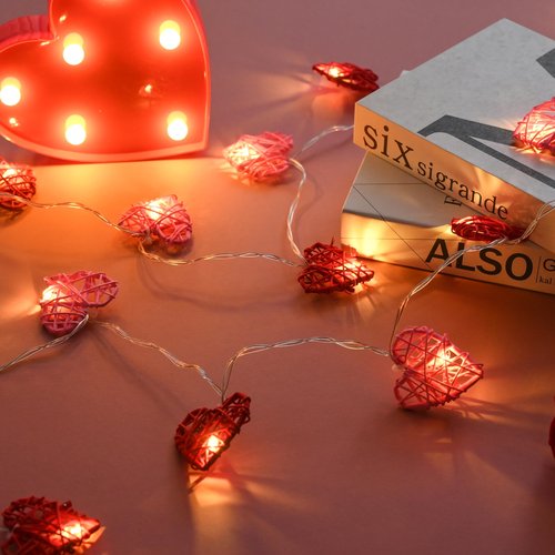 [Timer] Valentines Day Garland Lights Red Pink Heart Light 10FT 20LED 3D Hollowed Rattan Heart String Light Battery Operated, Valentines Day Lights Romantic Valentine Decoration Bedroom Party