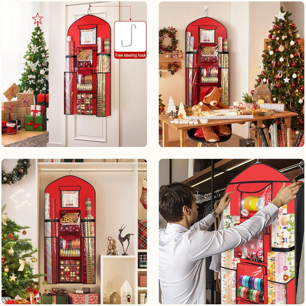Woodoulogy Extra Large Gift Wrapping Paper Storage - 48x24 Red Double-Sided Christmas Organizer | Oxford Craft Roll Holder