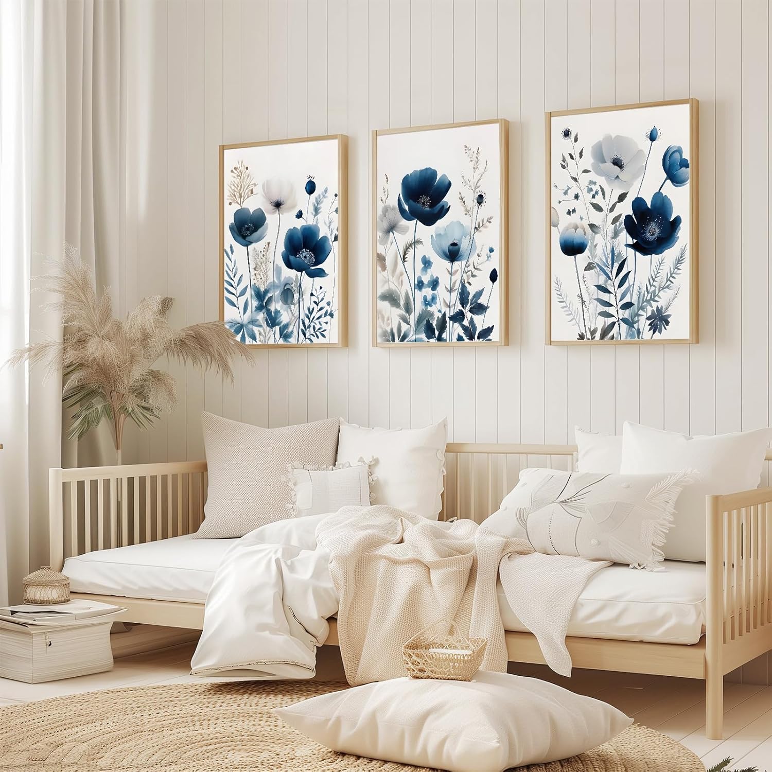 Skiennix Flower Canvas Wall Art - Modern Watercolor Navy Blue Wildflower Decor | Unframed 16x24in Prints