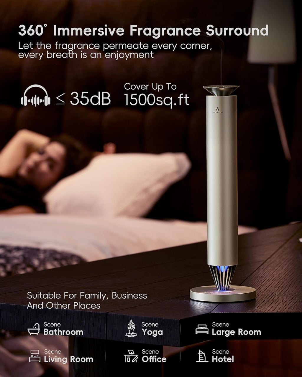 Skiennix Wireless Rechargeable Scent Diffuser Kit - 1500 Sq Ft Coverage, Mood Light & Essential Oil Included | Silver
