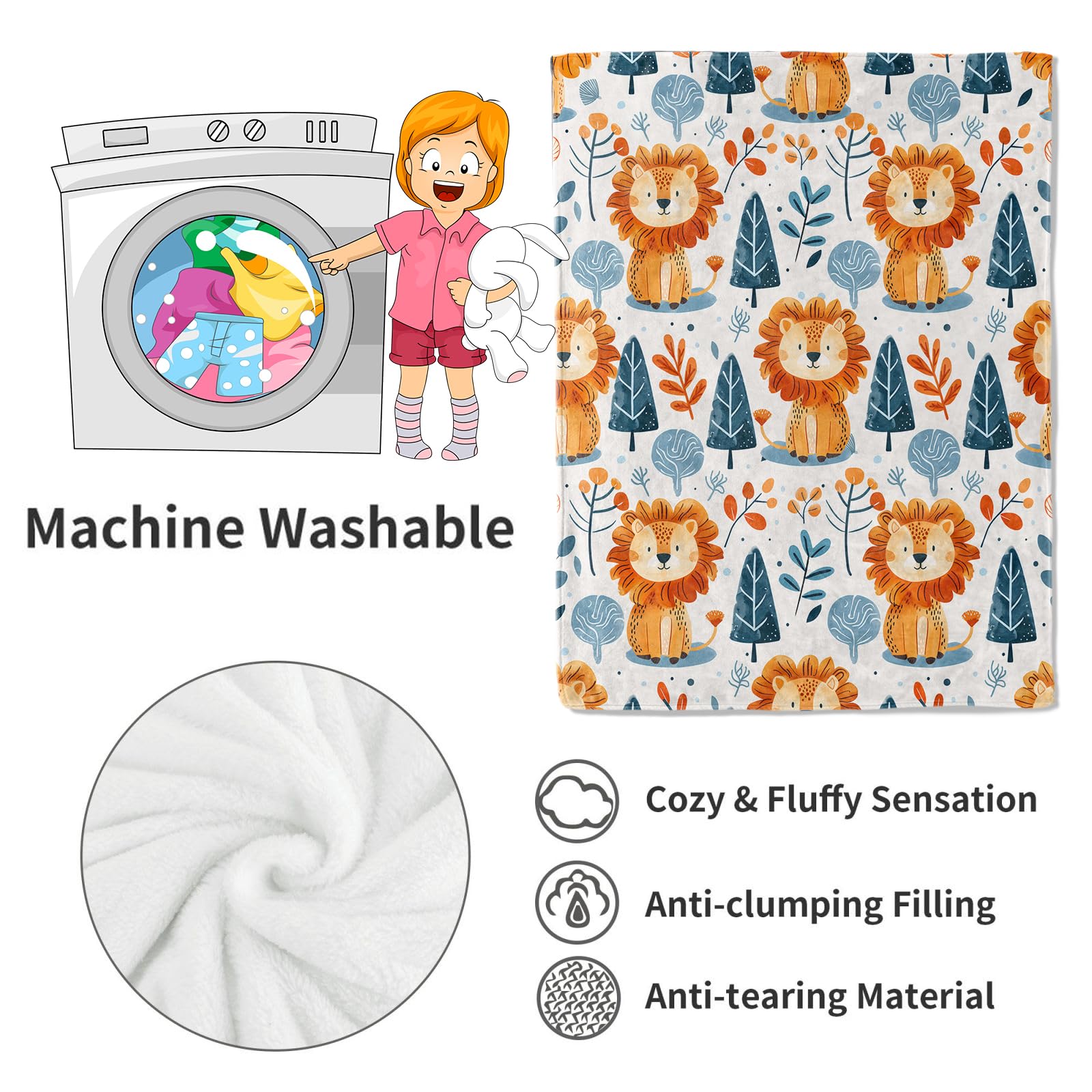 VODRM Cute Lion and Forest Blanket,Fun Cartoon Jungle Theme Throw Blankets,Birthday Gifts for Kids & Animal Lovers,Lightweight Soft Fleece,for Picnic Sofa Couch Bed Room Travel,Modern Decor,50x60in