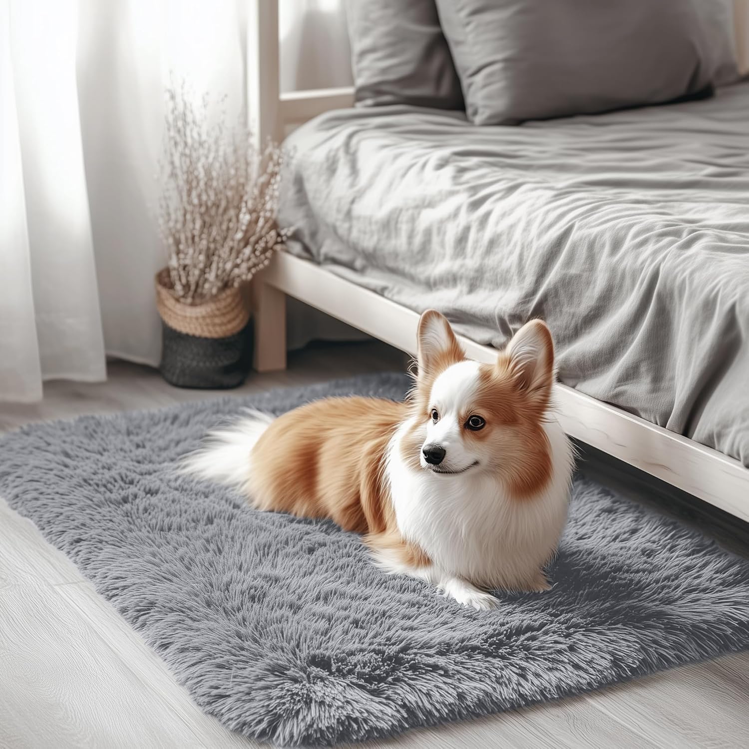 OLANLY Small Bedside Rug - Soft Fluffy Shaggy Throw Rug for Bedroom & Living Room | Light Grey