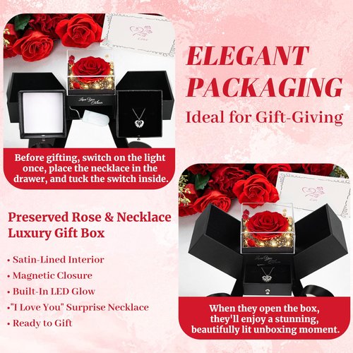 FIACO Gifts for Women Preserved Real Roses with I Love You Necklace Fresh Forever Flowers Birthday Gifts for Mom Grandma Wife Girlfriend on Anniversary Valentines Romantic Gift