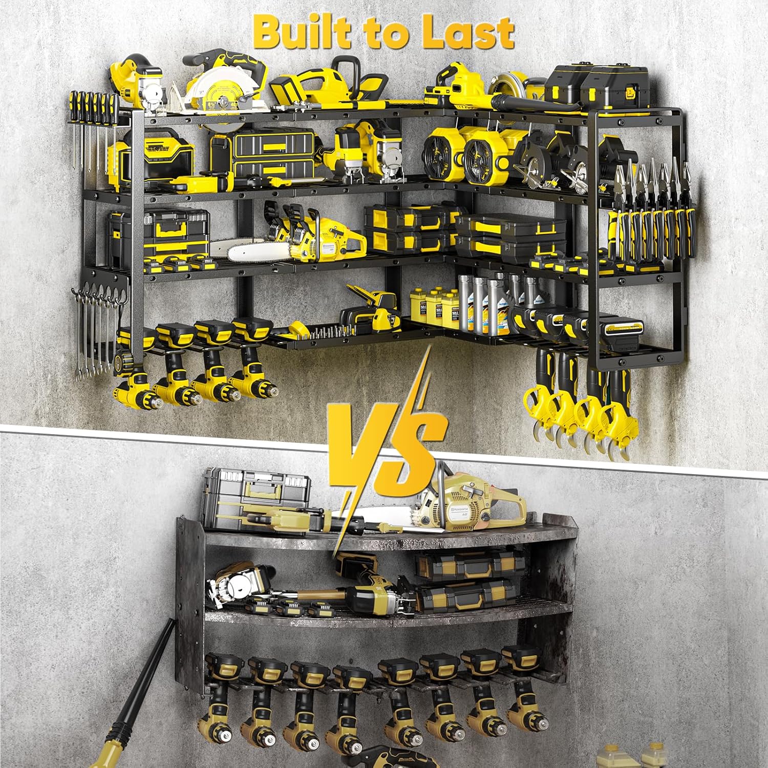POKIPO Extra Large 64" Power Tool Organizer - Heavy Duty 4-Tier Garage Storage Rack with 8 Drill Holders | 1000 lbs Load Capacity