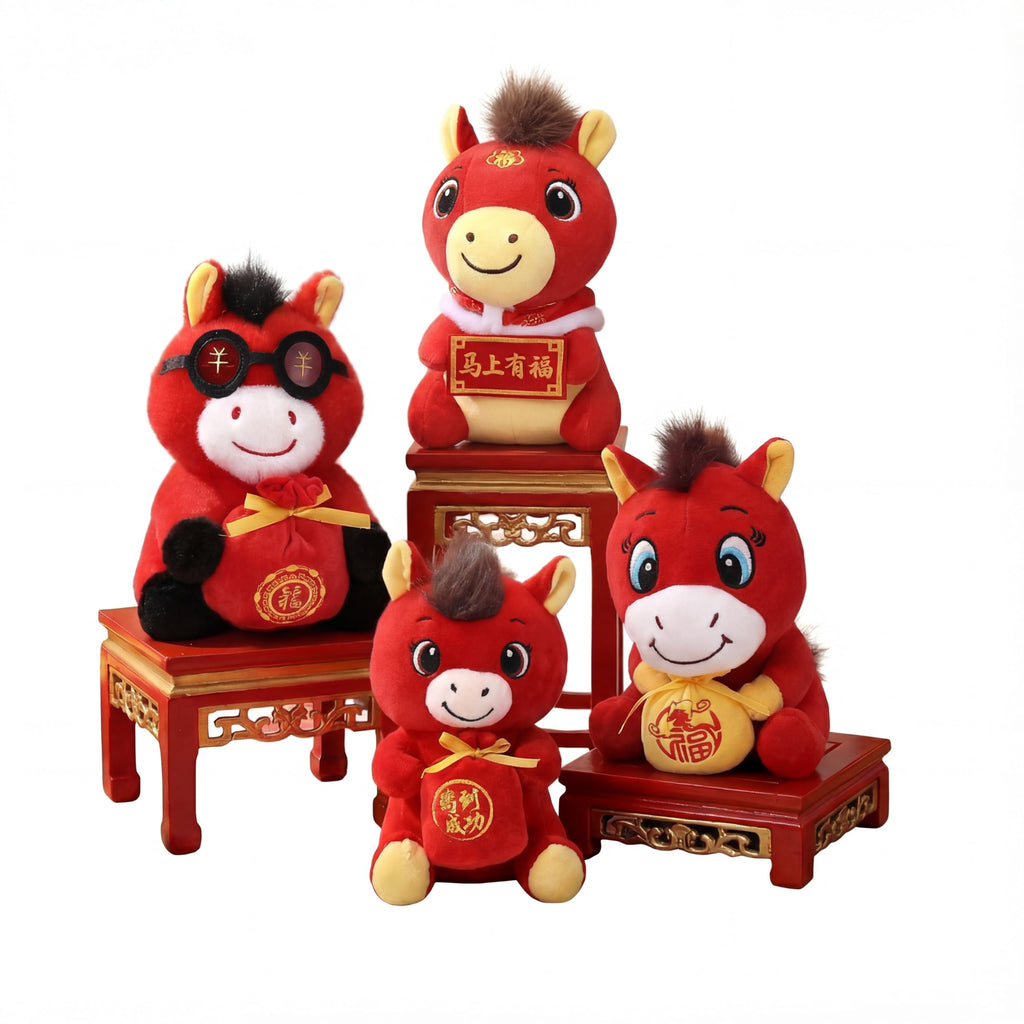 Silipull 4 Pcs Chinese New Year Horse Mascot Pillow 7.9-9.8 inches 2026 Year of the Horse Cushion Festive Gift for Home Decoration Spring Festival Holiday(Blessing Style)