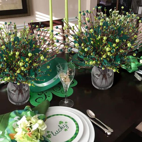 Lcuasc 8 Pack St. Patrick's Day Branches 16 Inch Artificial Shamrock Flower Picks Shamrock Berry Stems for St. Patrick's Day Home Centerpiece Decor (Green)