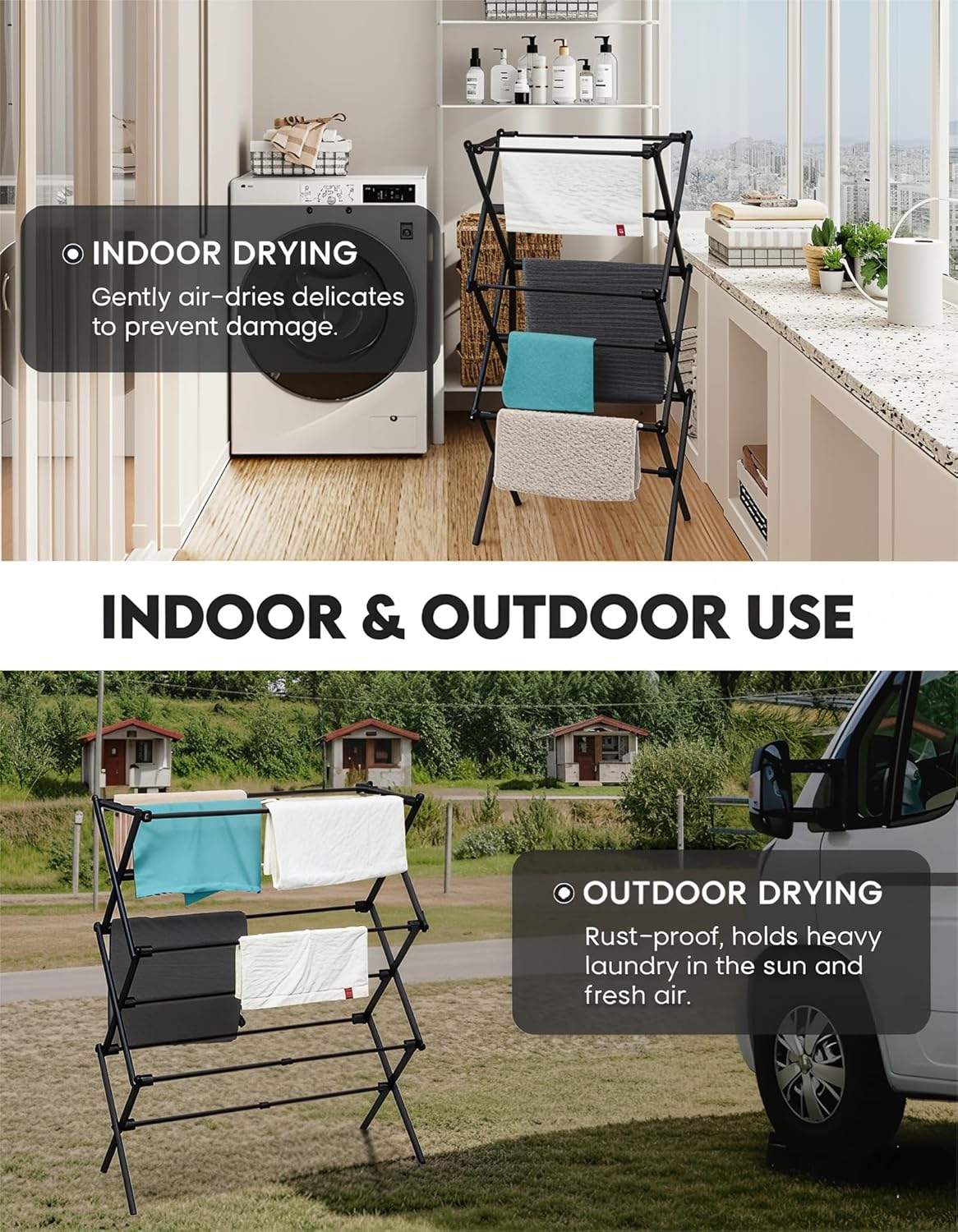 Skiennix 3-Tier Metal Folding Clothes Drying Rack - Collapsible Indoor & Outdoor Laundry Dryer | Black