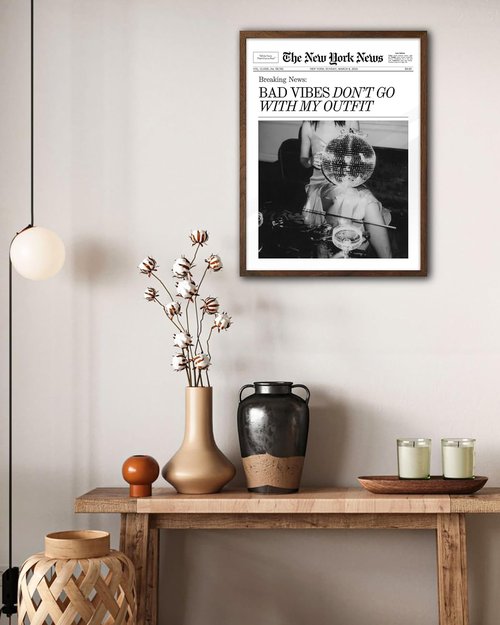 EcoHest Framed Wall Art - Bad Vibes Don't Go With My Outfit | 12x16 in Walnut OAK Wood, Retro Decor for Bedroom & Living Room