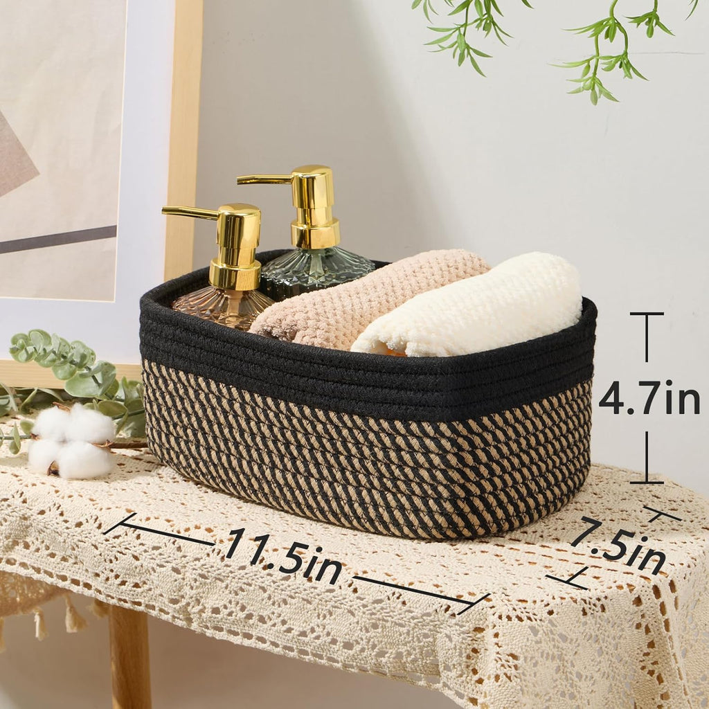 MiniArk Small Storage Baskets - Organizing Bins for Closet & Shelf | Woven Rope | 11.5x7.5x4.7” | 3 Pack in Black & Brown