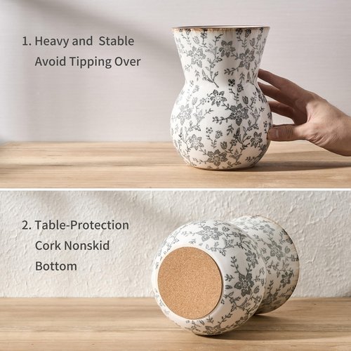 JIEMEI HOME Kitchen Utensil Holder, 7.56" Ceramic Large Rustic Utensil Crock for Countertop, Farmhouse Cooking Tool Organizer, Spatula Holder For Kitchen Decor, Gray Floral