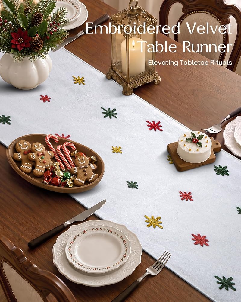 Snowfall Noel Embroidered Velvet Table Runner 13x72 - MuseHaus Variation