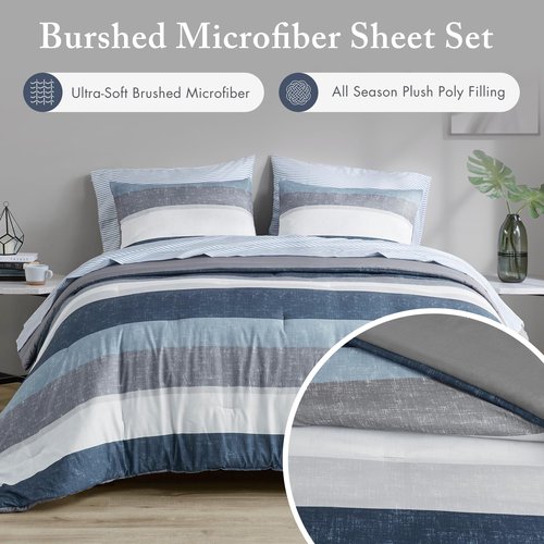 Madison Park Essentials Jaxon Bed in a Bag Comforter Set with Sheet, Printed Stripe Design, Modern All Season Bedding and Matching Sham, Queen Blue/Grey 7 Piece