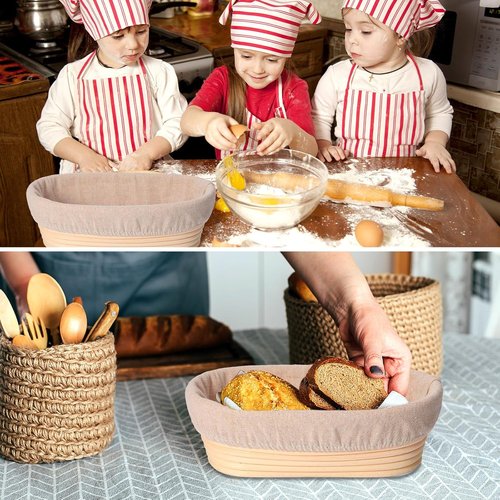 Gejoy 12-Piece Oval Bread Proofing Basket Set - Sourdough Dough Bowls with Cloth Liner & Scraper | 10 Inch