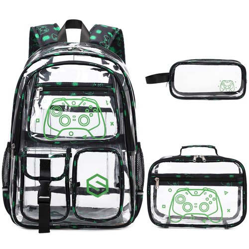 DIGOBAY 3PCS Cool Luminous Clear Backpack for Boys Kids, Gamer Bookbag for School, See Through PVC Transparent Backpacks with Lunch Bag Pencil Case, Clear Backpack Heavy Duty for School Stadium