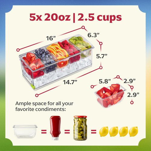 Honeyera Chilled Condiment Server | Hosting Essentials for Up to 80 Oz of Ice | Mimosa Bar Supplies Drain Plug | BPA-Free Taco Bar/Salad Bar | Food-Safe Condiment Caddy (Parent) (Black, 2 Pack)