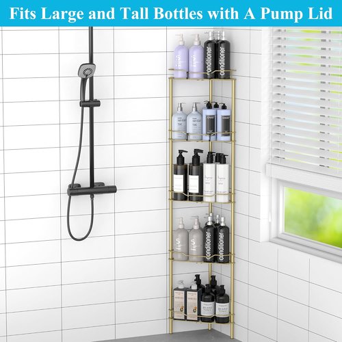 HuggieGems 5-Tier Corner Shower Caddy Organizer - Stylish Gold Bathroom Shelf Stand with Hooks