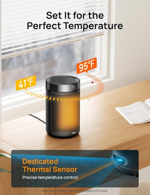 DREO Portable Electric Space Heater - 1500W PTC Ceramic with Thermostat & Digital Display | Eco Mode, Black