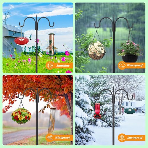 Feed Garden Adjustable Double Shepherds Hook - 76 Inch Heavy Duty Bird Feeder Pole | 5 Prong Base for Hanging Plants & Lanterns (2 Pack)