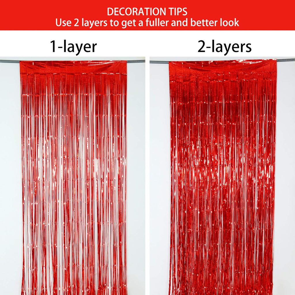 Red Foil Fringe Curtain | Shiny Tinsel Backdrop for Birthday Parties & Photo Booths - 3 Pack, 3.2 x 8.2 ft