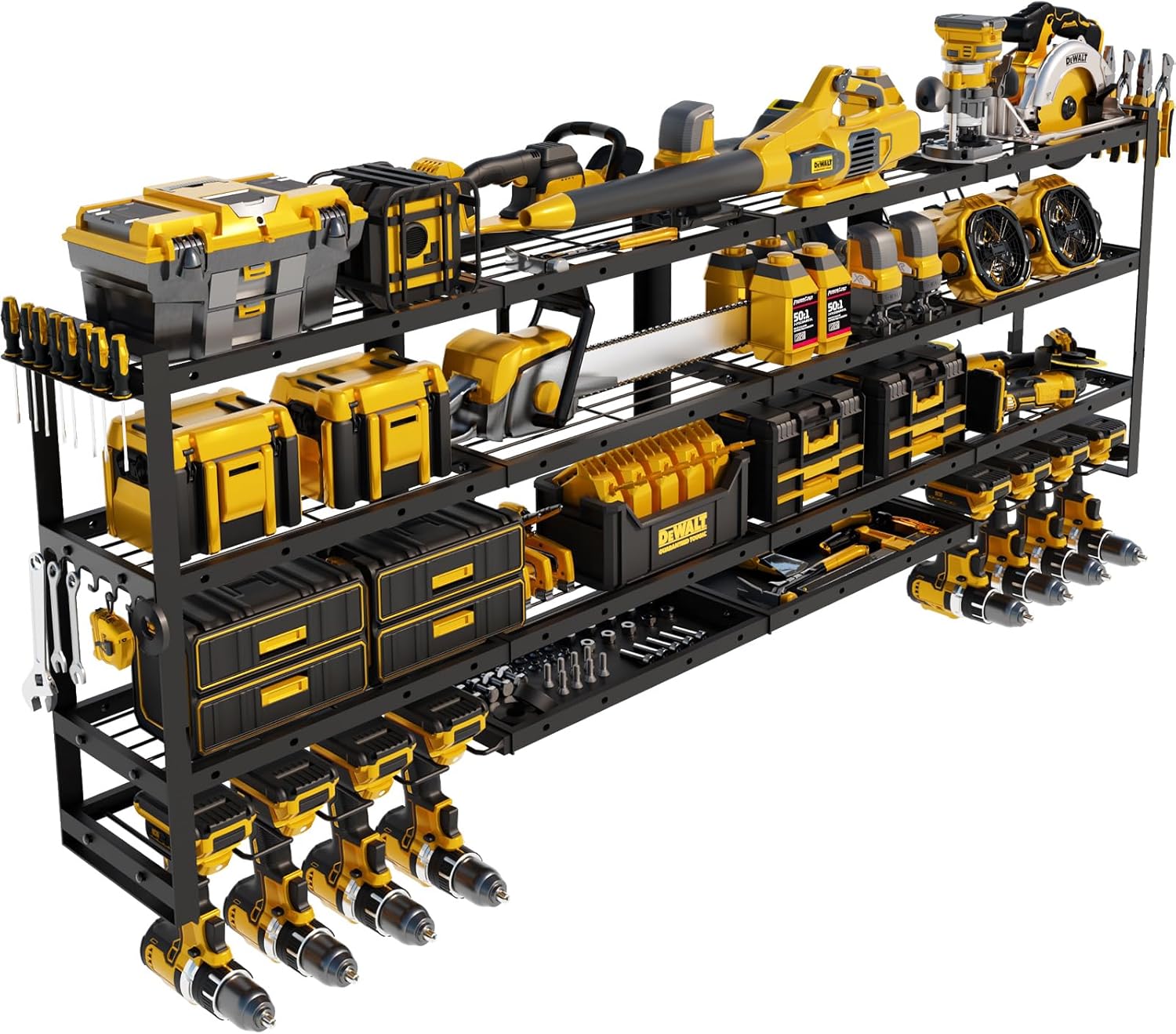 Power Tool Organizer Wall Mount by XLarge - Modular 820lbs Garage Storage Rack | 8 Cordless Drill Holders & 4-Tier Heavy Duty Utility Shelf