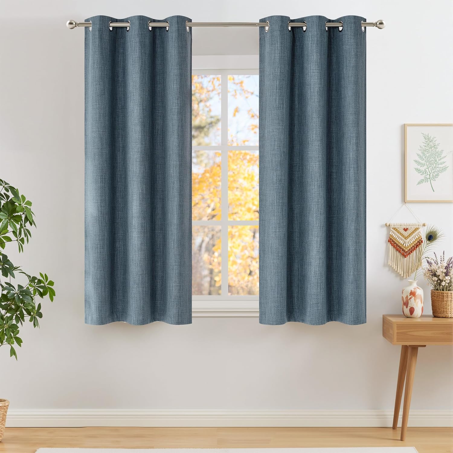 NICETOWN Faux Linen Blackout Curtains - Mist Blue, 63-Inch Grommet Top Privacy Panels, 2-Pack for Modern Farmhouse Style