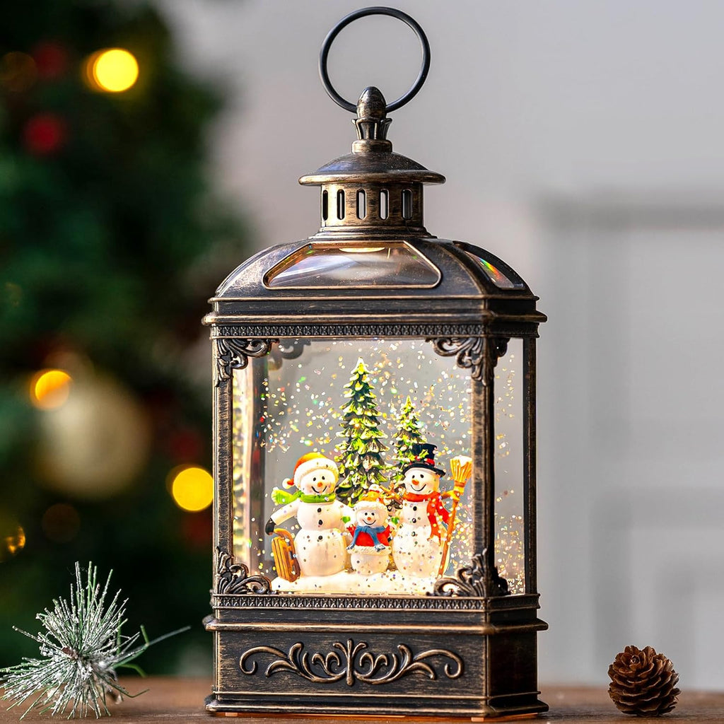 VISFLAIR Christmas Snow Globe - Lighted Snowman Family Musical Lantern with Swirling Glitter | Holiday Decor