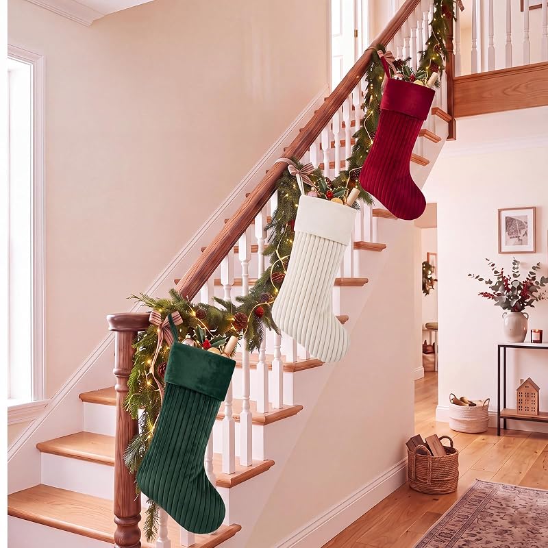 3 Christmas Stockings Set 19 Inch Velvet Quilted Stocking - Red Beige Green