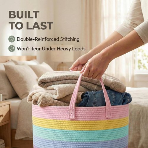 JMvicyroam 65L Extra Large Blanket Basket - Woven Cotton Rope Laundry Hamper with Reinforced Handles | Machine Washable Rainbow Storage Bin for Pillows, Comforters & Toys