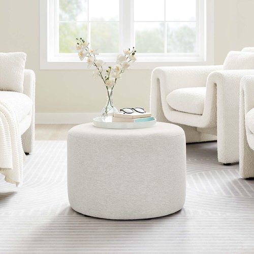 Modway Callum 23 Inch Round Ottoman in Ivory Fabric, Woven Heathered Fabric - Upholstered Ottoman for Living Room - Ottoman Side Table, Small Ottoman Coffee Table - Accent Table or Footrest Ottoman