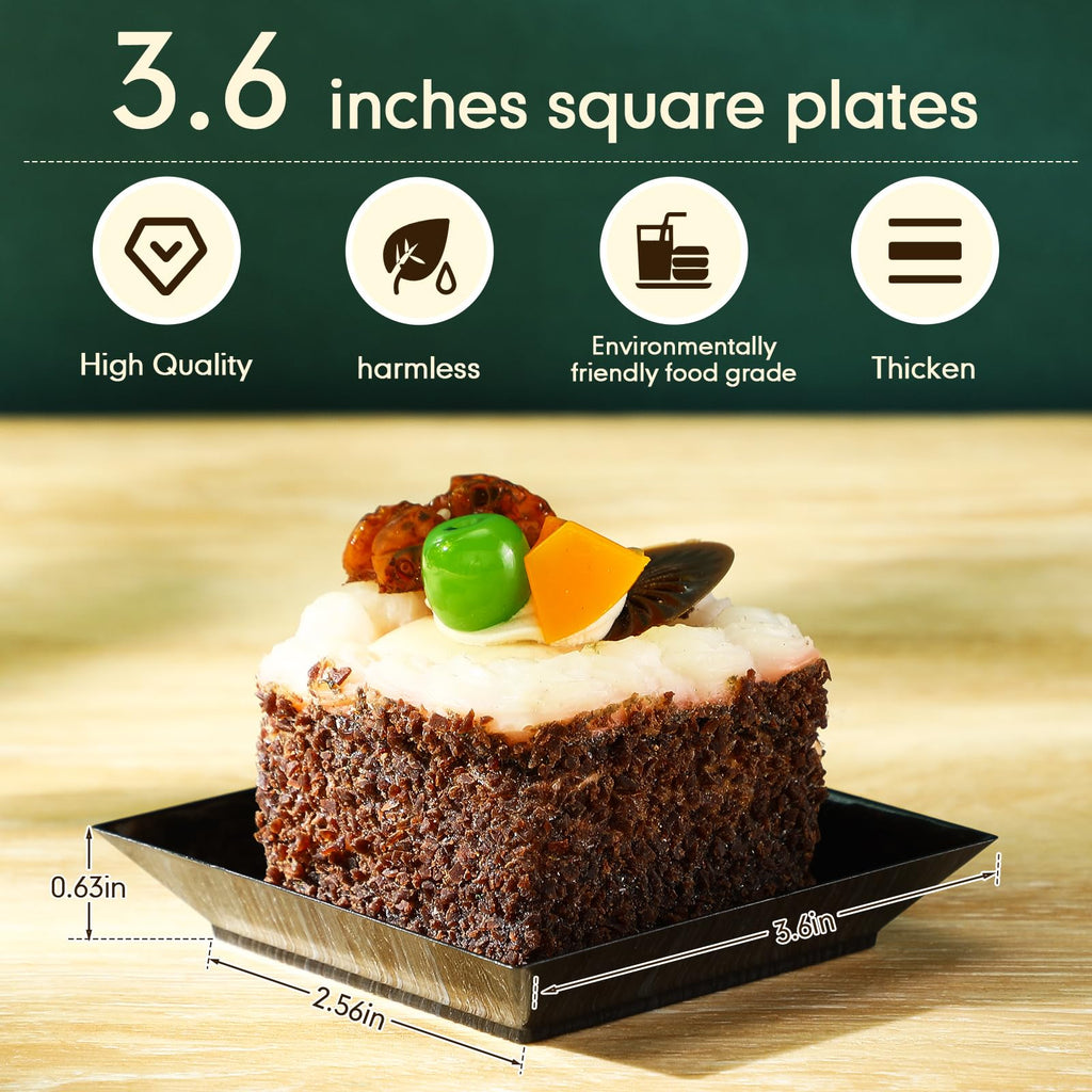 Zhehao 100 Pcs Plastic Dessert Appetizer Plates Disposable, 3.6 x 3.6 Inch Small Square Plastic Dessert Cake Snack Plate for Wedding Birthday Bridal Baby Shower All Occasion Party (Black)