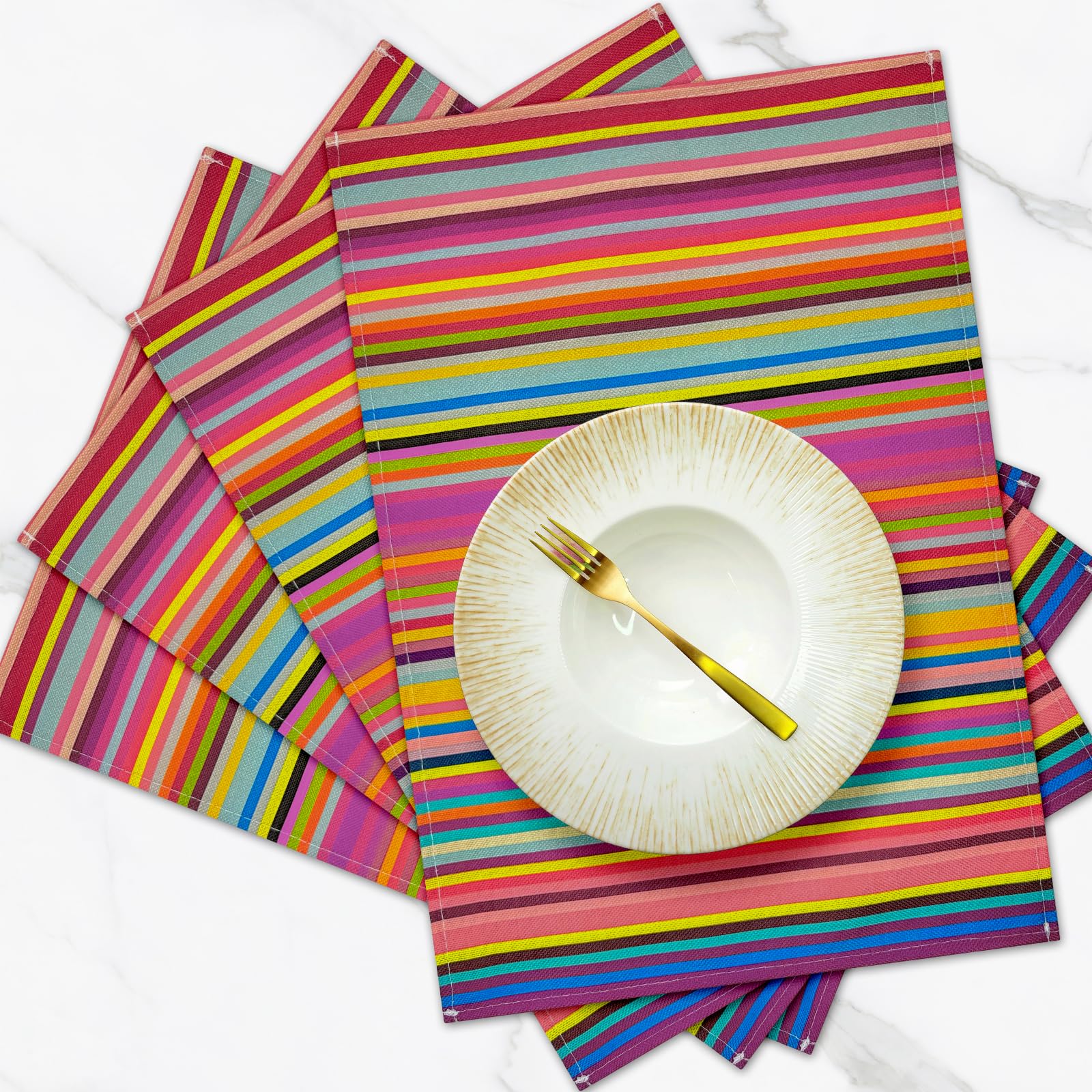 Carethos Rainbow Placemats Set of 4, 12x18 Inch Heat-Resistant Washable Easy to Clean Place Mats, Faux Linen Cloth Table Mats Suitable for Indoor/Outdoor Parties & Kitchen Decor (Rainbow)
