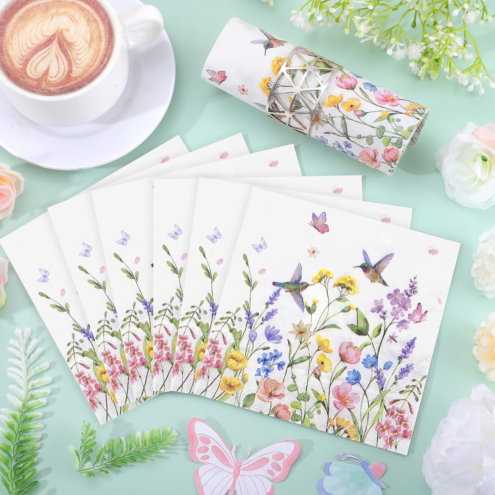 NatNarr 100 Pcs Wildflower Napkins, 2-Ply Floral Cocktail Napkins Spring Decoupage Napkin Butterfly Hummingbird Flower Dessert Beverage Napkin for Mothers Day, Baby Shower, Tea Party
