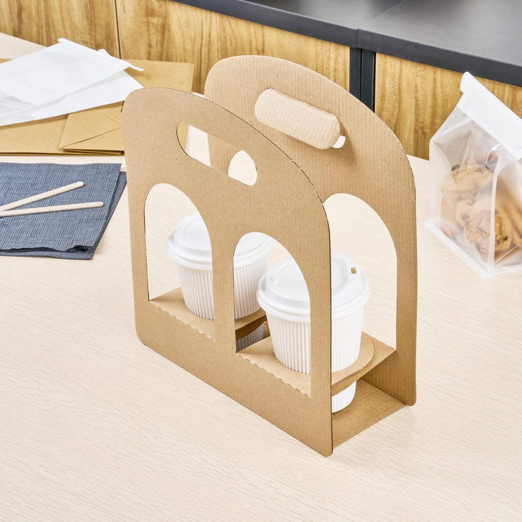Restaurantware Bio Tek Drink Carriers 100 Disposable Cup Carriers With Handles - Holds 2 Cups For Delivery Or To Go Kraft Paper Drink Holders Built-In Handle Fits Multiple Beverages