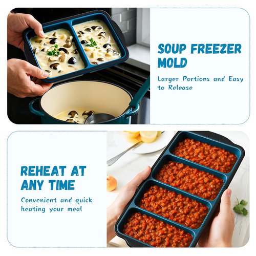 GORCI Silicone Freezer Tray With Lid, 8 Large 1 Cup Soup Freezer Molds, Soup Freezer Container for Meal Prepping, Large Ice Cube Tray， Perfect for Storing Leftovers, Sauces, Lasagna, 2-Pack