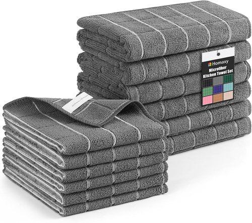 Homaxy Microfiber Kitchen Towels Set - 12 Pack Soft & Absorbent Dishcloths | Quick Drying Rags in Grey, 28 x 16 Inch & 12 x 12 Inch