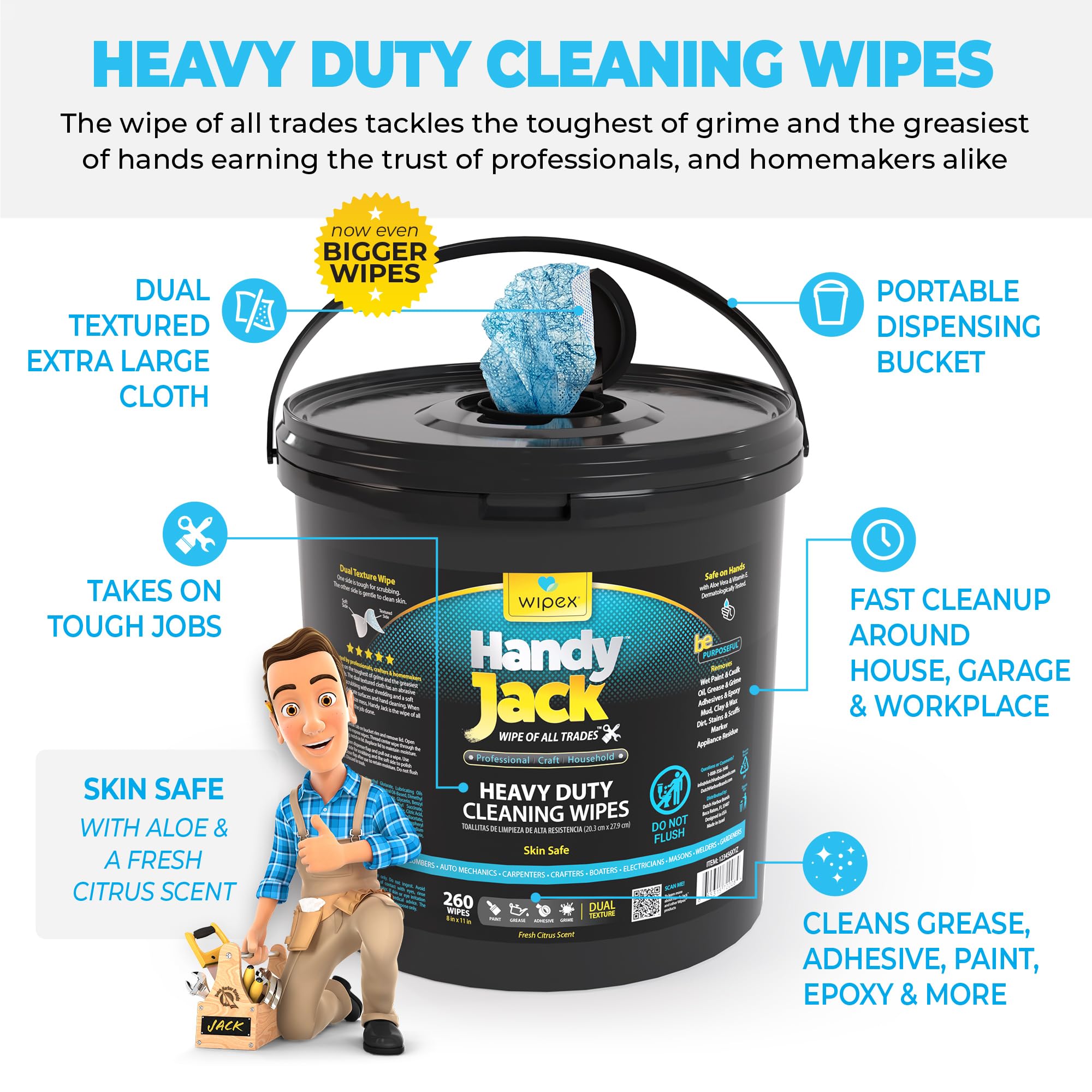 Wipex Handy Jack Heavy Duty Wipes, Dual Texture Cleaning Cloth, Use on Hands, Equipment, Tools - Removes Paint, Adhesives, Oil, Grease, & Dirt, Bulk Size, 260 Count (Pack of 1)
