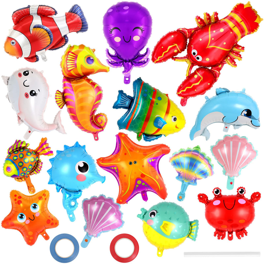 16 Pcs Ocean Animal Balloons, Under The Sea Balloons, Fish Lobster Octopus Starfish Seahorse Foil Balloon for Kids, Sea Animal Mylar Balloon for Beach Ocean Pool Birthday Party Decorations