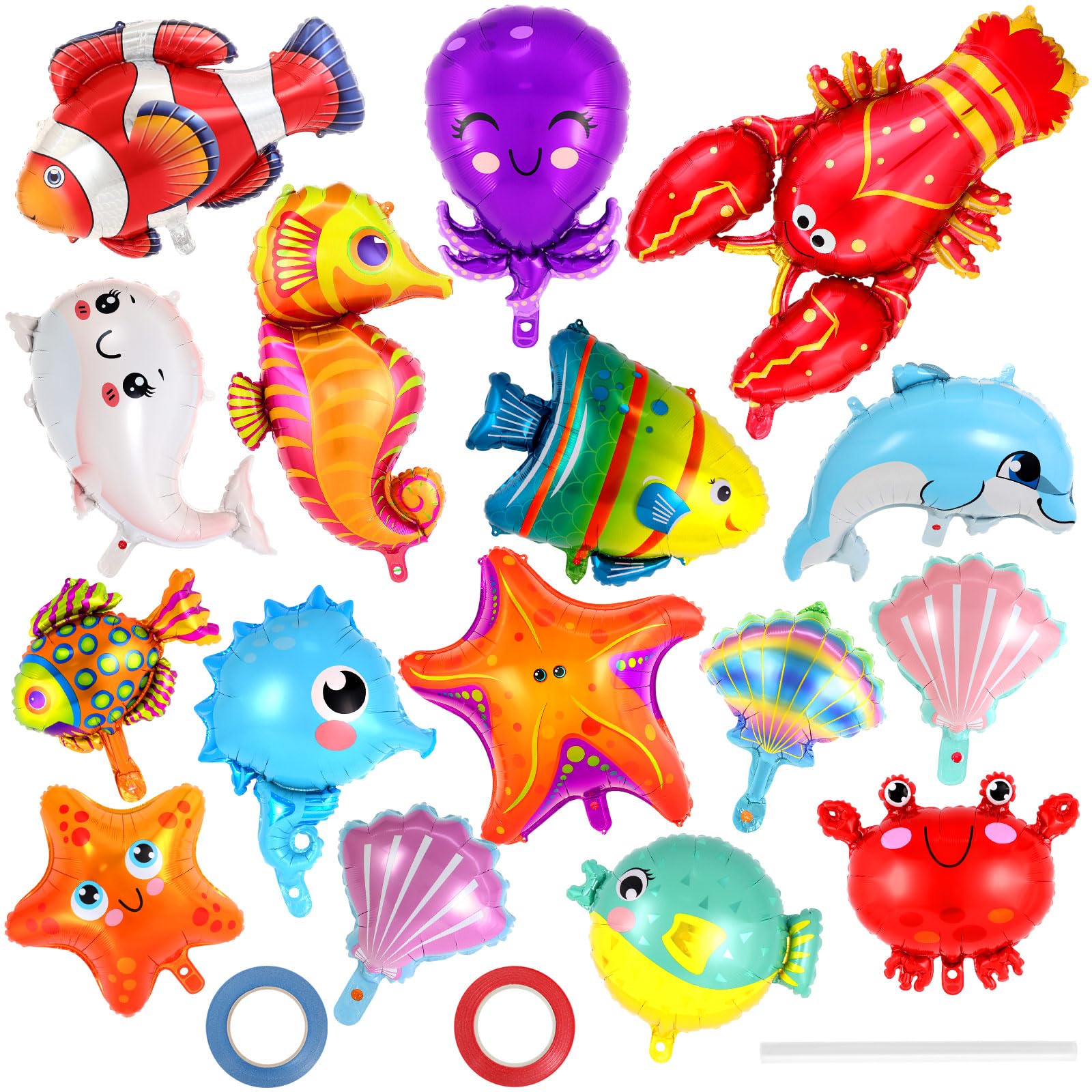 16 Pcs Ocean Animal Balloons, Under The Sea Balloons, Fish Lobster Octopus Starfish Seahorse Foil Balloon for Kids, Sea Animal Mylar Balloon for Beach Ocean Pool Birthday Party Decorations