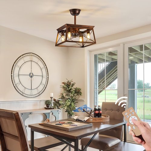 Farmhouse Ceiling Fans with Lights Remote Control Rustic Ceiling fans with Lights Caged Fandelier Flush Mount Ceiling Fan with Light Indoor Outdoor for Gazabo Bedroom Dining Room Living Room