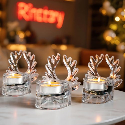 H&D Hyaline & Dora Clear Glass Reindeer Candle Holder Set - 3 Tealight Holders for Holiday Decor