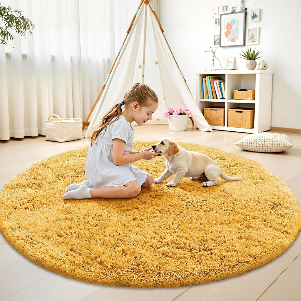 OLANLY Mustard Yellow Round Rug - Soft, Fluffy Shaggy Carpet | 7 ft Machine Washable Area Rug for Bedroom, Living Room, Nursery Decor