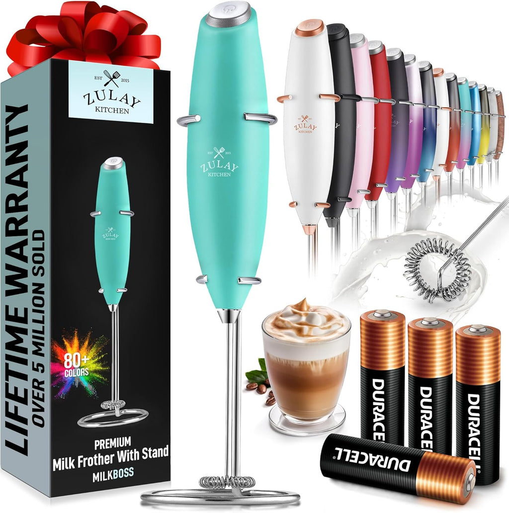 Zulay Kitchen Milk Frother Wand - Ultra-Fast Handheld Drink Mixer with 4 AA Batteries - Aqua Color