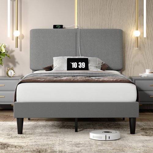 VECELO Twin Bed Frame with Type-C & USB Ports, Upholstered Platform Height-Adjustable Cotton and Linen Headboard,No Box Spring Needed, Noise-Free, Easy Assembly, Dark Grey