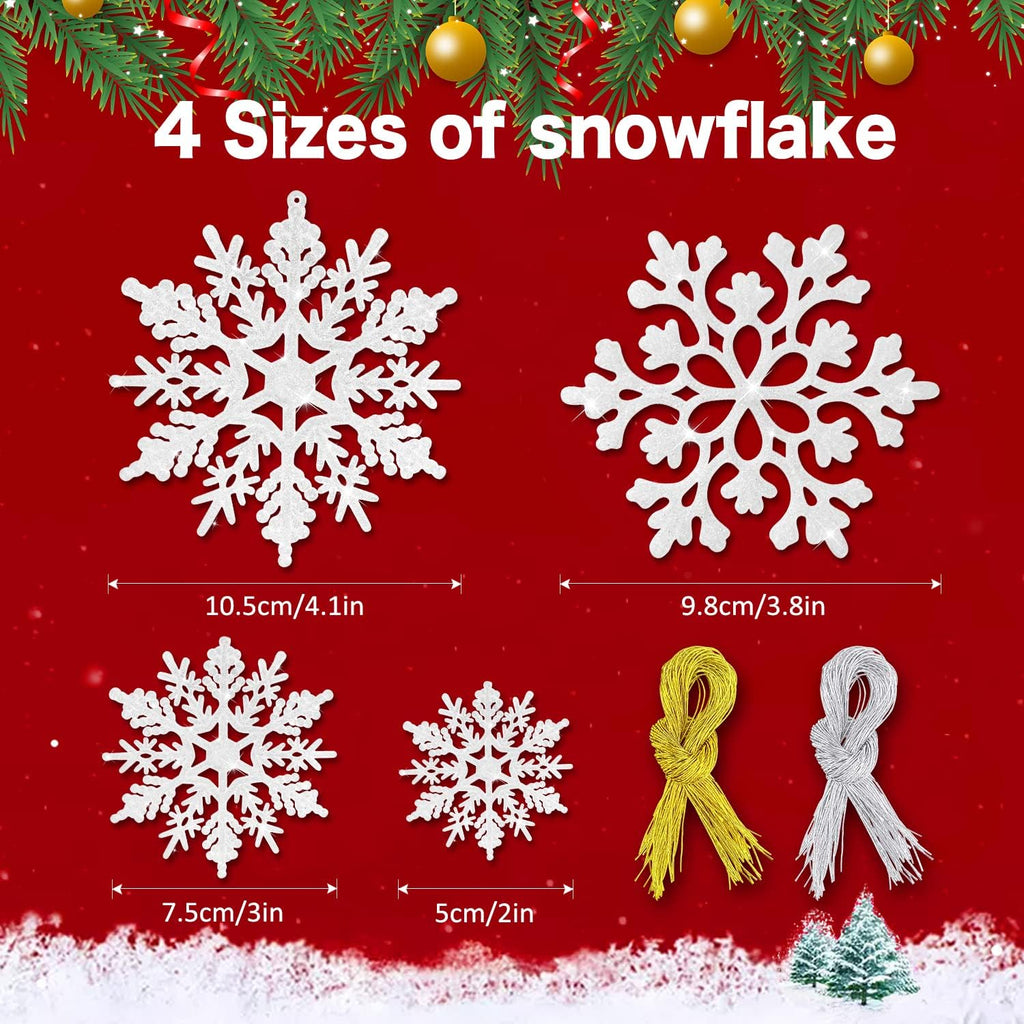 Skiennix 46Pcs Plastic Snowflake Ornaments - Glittery Winter Tree Decorations | White with Silver Rope