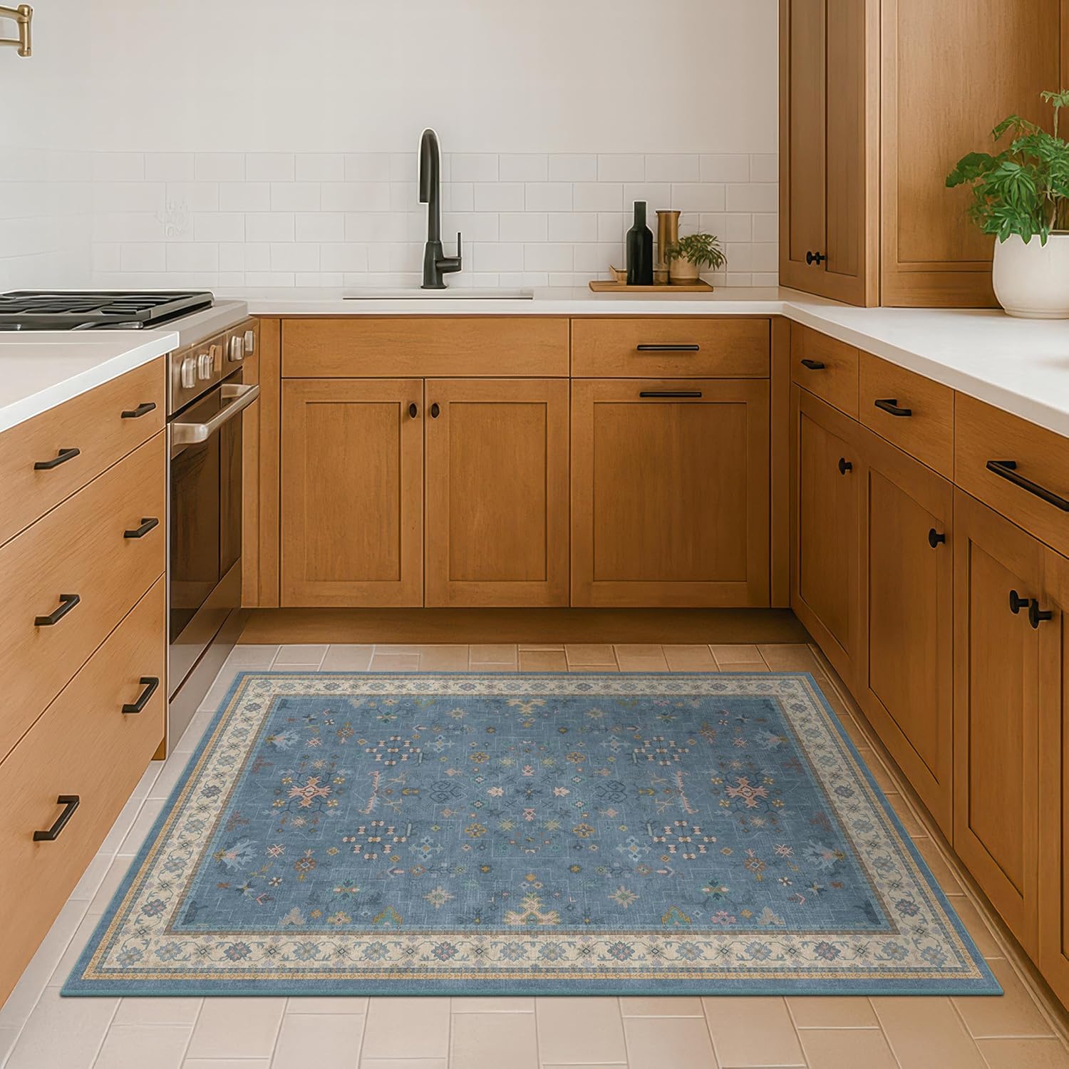 Washable 3x6 Throw Rug - Blue Non-Slip Indoor Rug for Kitchen, Entryway, Bedroom | Boho Modern Décor
