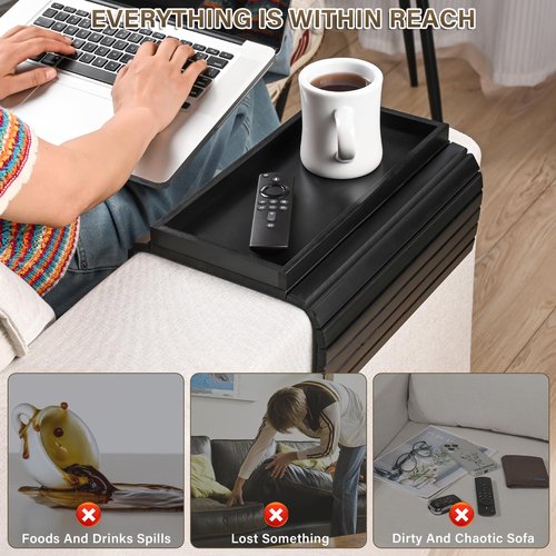 YUBAMIN Bamboo Sofa Arm Tray, Anti-Dropping Couch Arm Tray, Foldable Sofa Armrest Tray Couch Arm Table for Eats, Drinks, Snacks, Remote, Cellphone, Cup Holder, Back Anti-Slip Pad Design