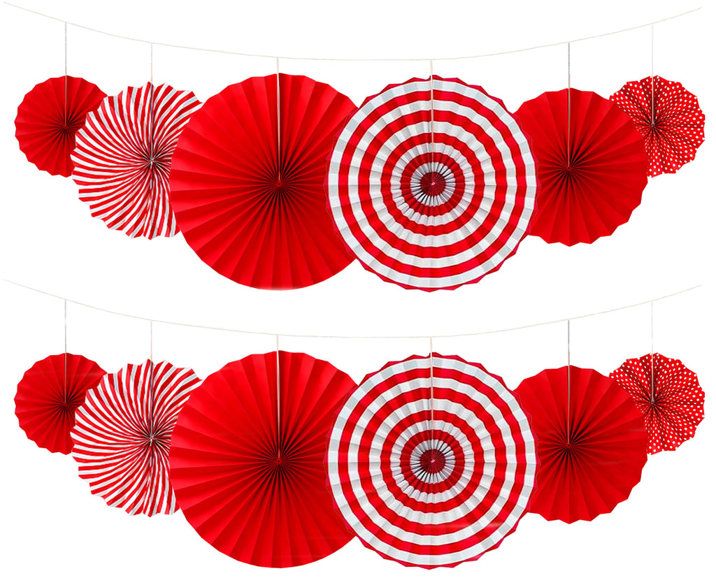 FHMUYDK 12 PCS Red Paper Fans,Round Hanging Pattern Paper Garlands Fan Party Decorations for Wall Decor Birthday Wedding BBQ Baby Shower Pizza Party Home Decor